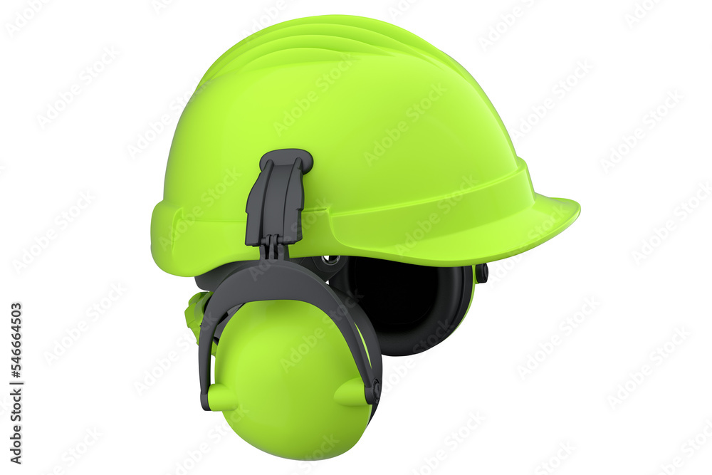 Green safety helmet or hard cap and earphones muffs on wihte background - obrazy, fototapety, plakaty 