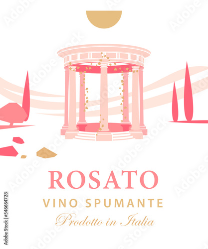 Wine label template with classic antique rotonda, for rose sparkling wine (rosato, vino spumante)