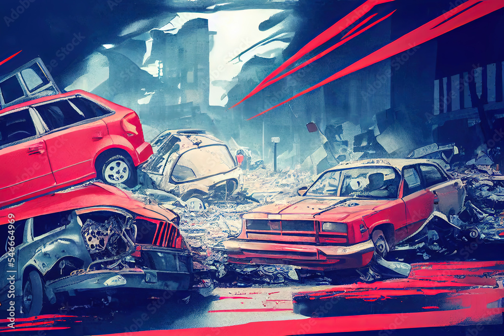 Digital cartoon illustration of scary car crash on the road. Red