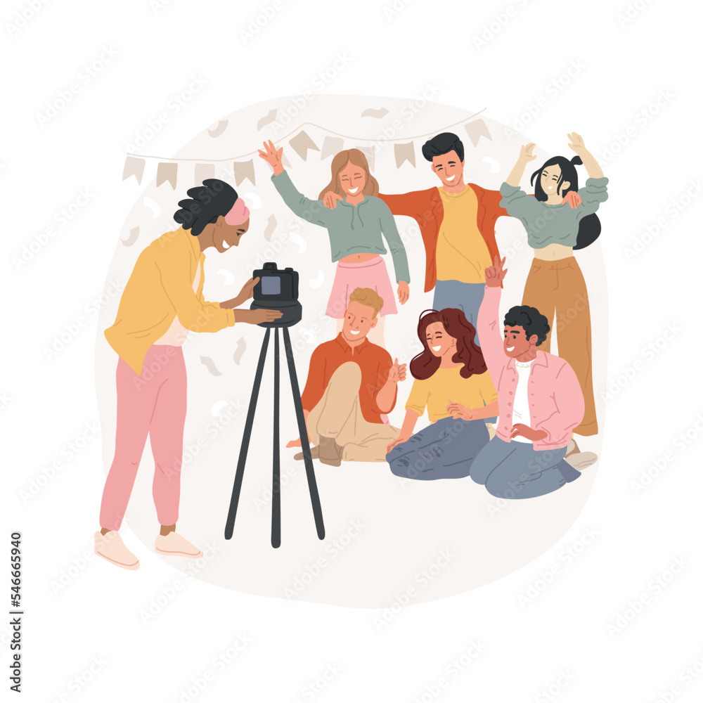 Class group photo isolated cartoon vector illustration. Photographer taking picture of a class, annual group photo, classmates smiling, children having fun, creative shot vector cartoon.