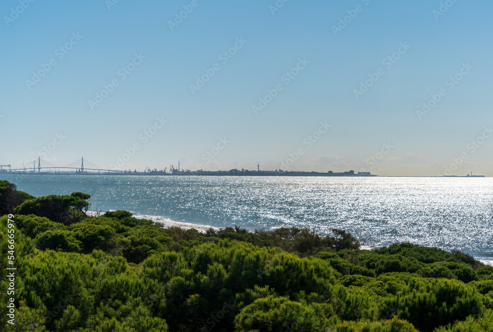 Panoramic view over the Bay of Cádiz with the Constitution of 1812 Bridge to the left, Cádiz in the middle and Castle of San Sebastián on the far right, Andalusia, Spain