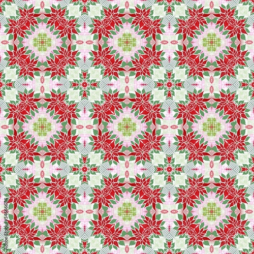 Seamless Christmas poinsettia retro pattern. Decorative ornament in seasonal red for December holiday background. Winter botanical vintage scandi repeat tile. 