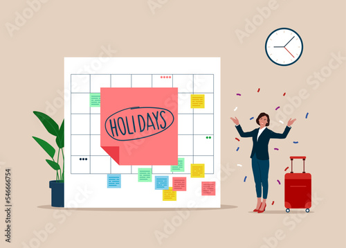 Company holidays for employees. Big calendar, businesswoman jumping with joy to celebrate long holidays or vacation. Flat modern vector illustration. 