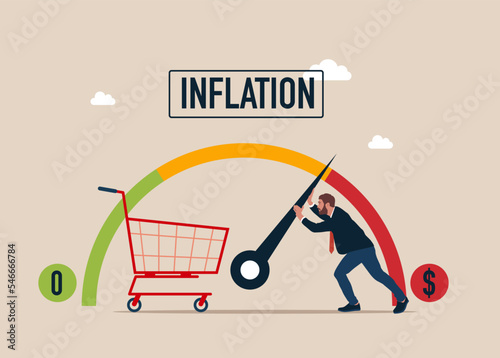 Businessman is trying to keep meter from maximum values, regulates rising inflation. Indicator shows high inflation, economic crisis. Flat modern vector illustration photo