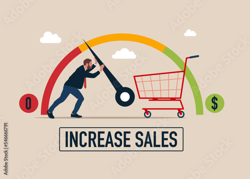 Businessman pulls to maximum position progress bar with shopping basket. Increasing sales increase make business grow. Flat modern vector illustration