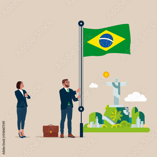 Businessman and woman in suit, male raising waving flags of Brazil. Vector illustration.