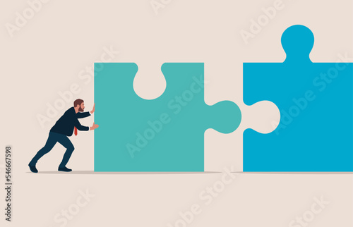 Businessman pushes puzzle symbol. Flat modern vector illustration.