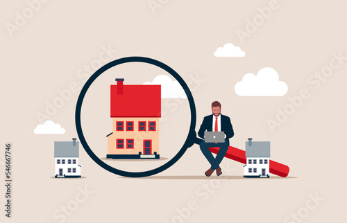 With a magnifying glass and houses. Real estate search concept. Flat vector illustration