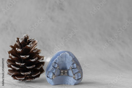 Zahnärztlicher Weihnachtshintergrund mit Platzhalter. Gaumennahterweiterung auf einen Gipsmodell in der Kieferorthopädie