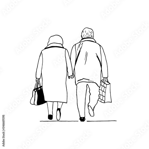 An elderly married couple goes hand in hand. Vector illustration of grandparents, rear view.