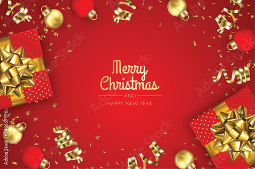 Happy New Year and Merry Christmas. Christmas holiday background with realistic 3d object, christmas balls, gifts.