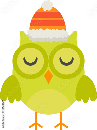 Cute green owl in warm winter hat flat icon