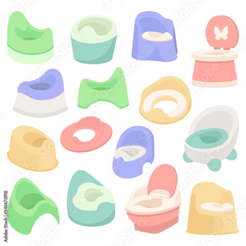 Potty chair for children flat icons set. Different variations of toilets for kids. Lavatory room for girls and boys. Color isolated illustrations
