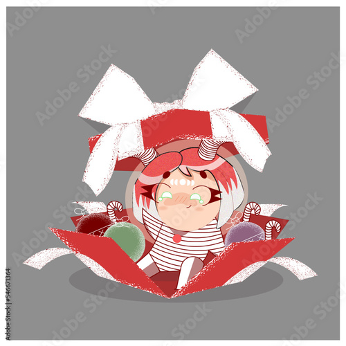 Ilustración dibujada a mano de niña y regalo 2 de Navidad.