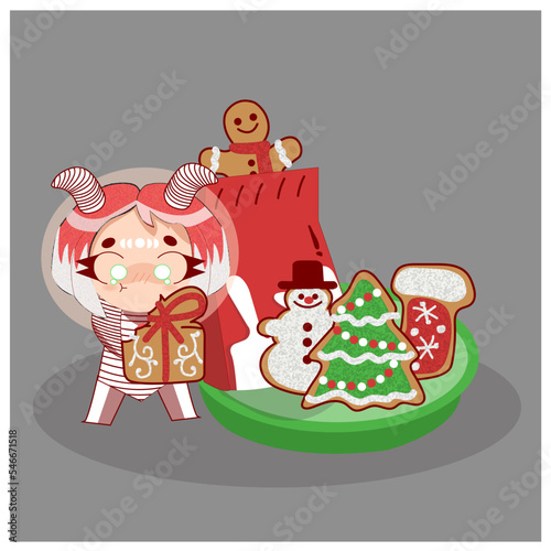 Ilustración dibujada a mano de niña y galletas de Navidad.