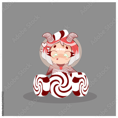 Ilustración dibujada a mano de niña y caramelos de Navidad.