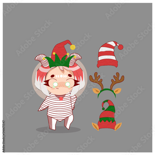Ilustración dibujada a mano de niña y gorros de Navidad.