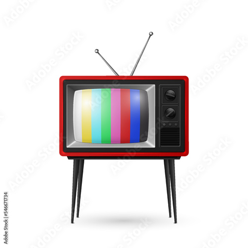 Vector 3d Realistic Red Retro Striped Screen TV Receiver Isolated on White Background. Home Interior Design Concept. Vintage TV Set, Television, Front View
