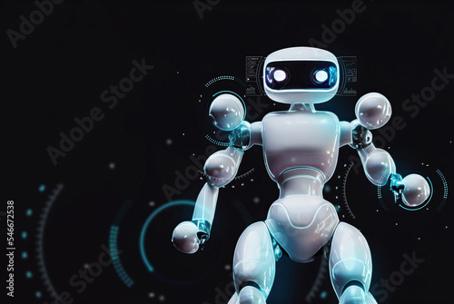 glossy futuristic robot with sci-fi overlays and copy space for automated software with artificial intelligence concepts, mixed digital 3d illustration and matte painting