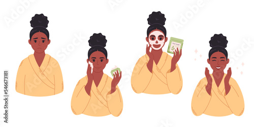 Black woman applying organic cosmetic cream on face, facial mask. Facial skin care, treatment for wrinkles, pimples, eyebags, beauty procedures. Hand drawn vector illustration