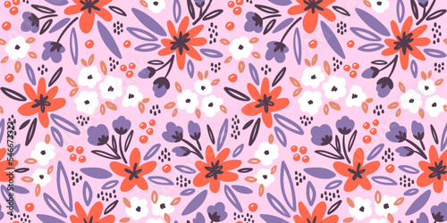 Abstract floral seamless pattern on a pink background. Doodle flowers for textile, fabric, cloth, paper or interior design. Vector illustration.