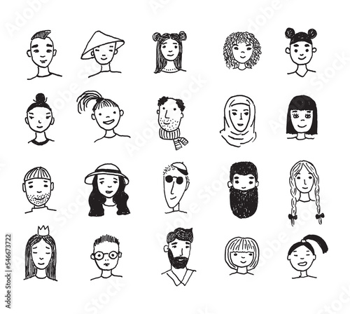 Set of people faces hand drawn in doodle style. Black lines and silhuette. Social network concept.