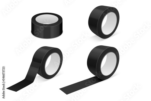 Vector 3d Realistic Glossy Black Tape Roll Icon Set, Mock-up Closeup Isolated on White Background. Design Template of Packaging Sticky Tape Roll or Adhesive Tape for Mockup. Front View