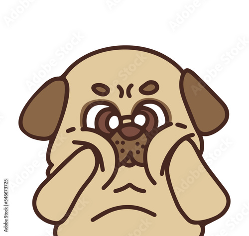 The pug holds his cheeks. Cute illustration.

