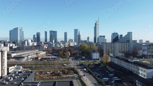 Aerial ascending footage over Warsaw panorama on a sunny day photo