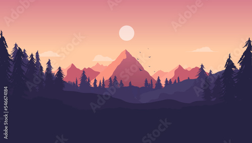 Calm landscape - Vector illustration of warm nature scene with forest, trees and mountain with clear sky in background. 