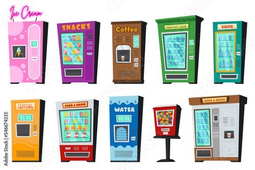 Vending machines collection flat icons set. Automated service for selling sweets, bottles of water, ice cream, coffee. Food and drink store. Color isolated illustrations