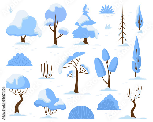 Snow covered trees and bushes flat icons set. Winter landscape and cold weather. Bare trees. Frost on branches and grasses. Color isolated illustrations