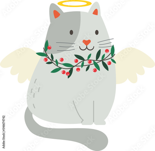 Cute cat with Christmas mistletoe flat icon Small angel