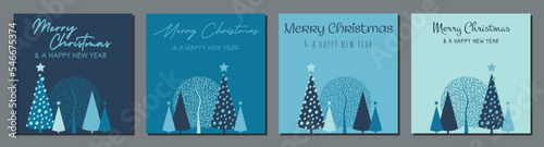 collection of christmas social media banner, covers und post design, square printable cards, blue template set with abstract fir trees