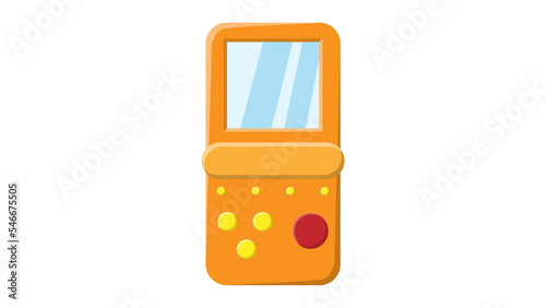 Old retro vintage hipster handheld game console with screen and buttons, tetris from 70s, 80s, 90s. Yellow icon. Vector illustration