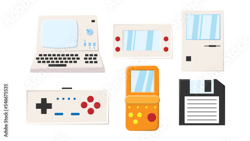 Set of old retro vintage hipster technology electronics computer, pc, floppy floppy disk, game portable video game consoles from 70s, 80s, 90s. Vector illustration