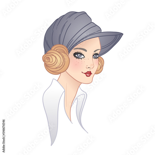 Art Deco vintage illustration of flapper girl. Retro party character in 1920s style. Vector design for glamour event or jazz party.