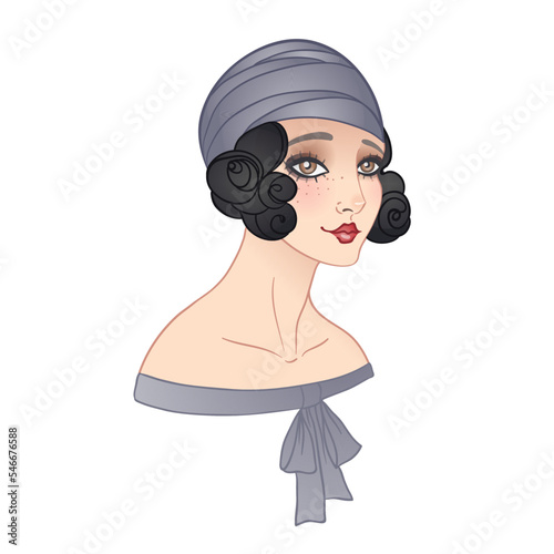 Art Deco vintage illustration of flapper girl. Retro party character in 1920s style. Vector design for glamour event or jazz party.