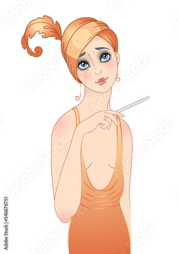 Flapper girl. Retro party invitation design. Vector illustration. Smiking wom...