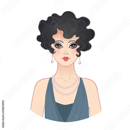 Art Deco vintage illustration of flapper girl. Retro party character in 1920s style. Vector design for glamour event or jazz party.
