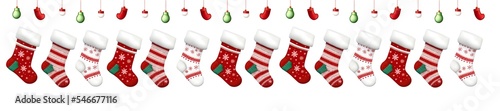 Seamless pattern with Christmas stockings isolated on a transparent background. Christmas and New Year holiday horizontal border or frame, banner with christmas socks, baubles for Christmas project photo