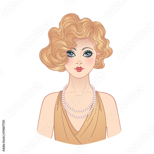 Art Deco vintage illustration of flapper girl. Retro party character in 1920s style. Vector design for glamour event or jazz party.