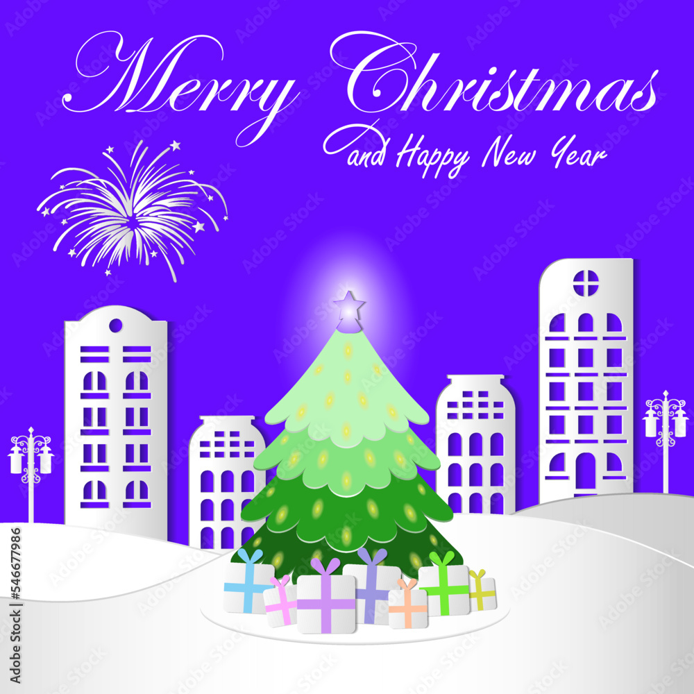 Christmas card in paper cut style. Christmas sparkling bright tree. Winter city with firework, streetlights, gift boxes, houses. Merry Christmas and Happy New Year background. Purple composition