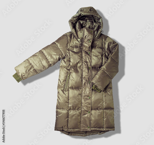 Female down jacket isolated on white. Front view. Clipping path ready.