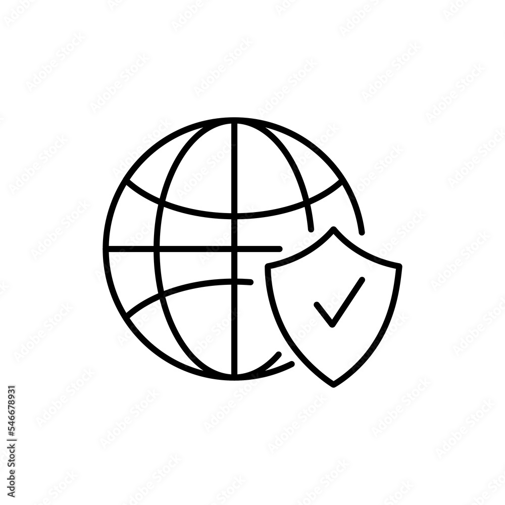 Globe with Shield sign, Internet, network security concept vector icon in line style design for website design, app, UI, isolated on white background. Editable stroke. EPS 10 Globe with Shield sign, Internet, network security concept vector icon in line style design for website design, app, UI, isolated on white background. Editable stroke. EPS 10