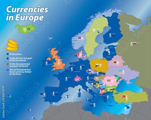European currencies map with symbols, borders and flags, vector illustration