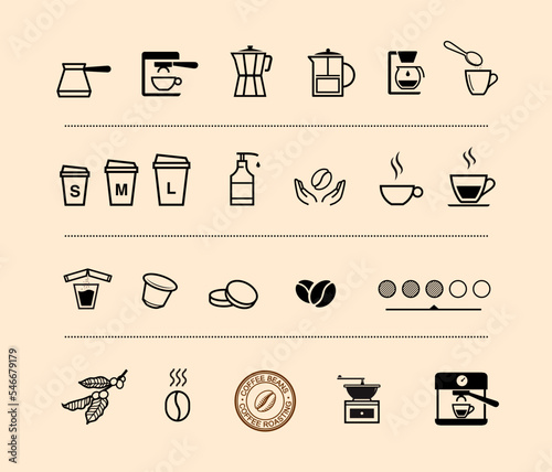 Coffee icon set. Vector elements. Ready for your design. Can be used on packaging, advertising, promo. EPS10.	