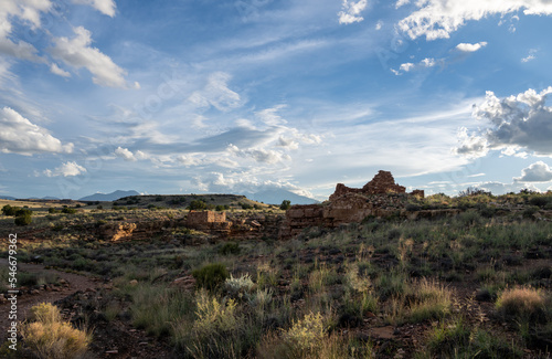 A panoramic view of a rock building made by the ancient pueblo people at Wupatki National Monument