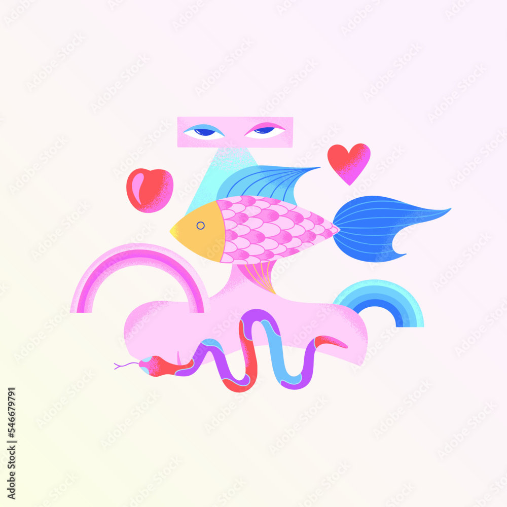 Psychedelic surreal illustration. Fish with a female body and a snake. Contemporary art. Print for clothes, phone case, poster, notebook