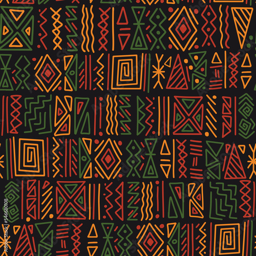African ethnic tribal clash ornament seamless pattern background. Simple hand drawn symbols background in traditional African colors - black, red, yellow, green. Kwanzaa decorative print
